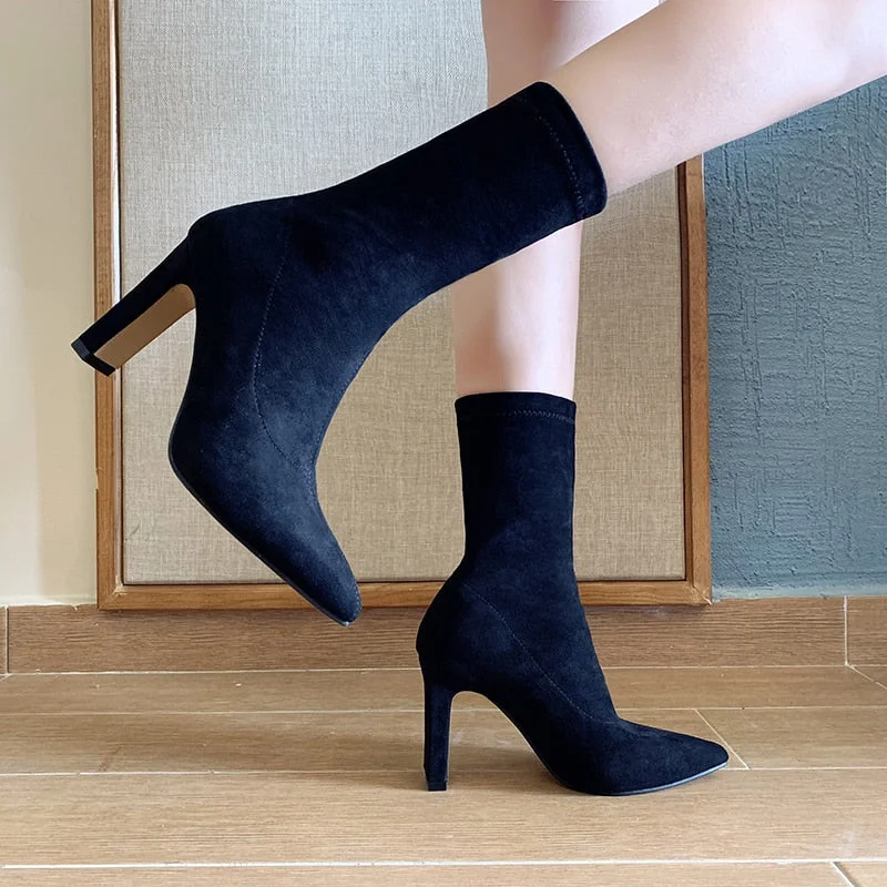 Women High Heel Sock Boots Plus Size Sexy Flock Pointed Toe Ankle Booties Female Sexy Party Winter Woman Fashion Shoes Boots