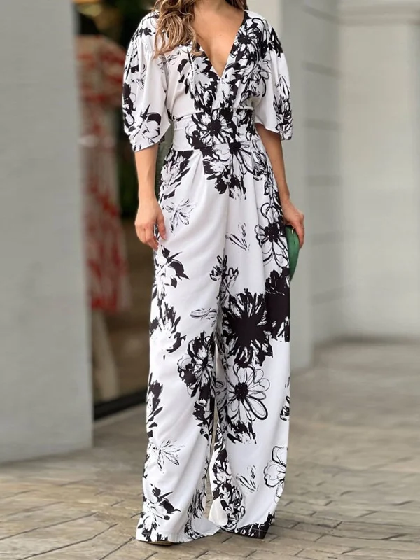 Floral Print Loose Batwing Sleeves Casual Jumpsuits