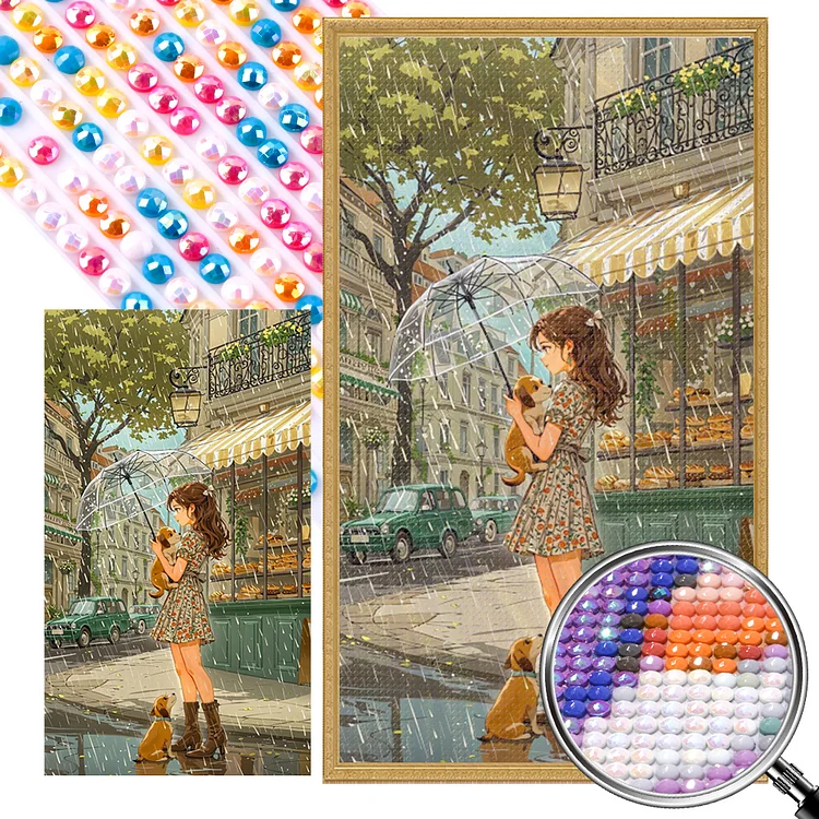 Girl And Dog In The Rain - AB Full Round Drill Diamond Painting - 40*70CM(Picture)
