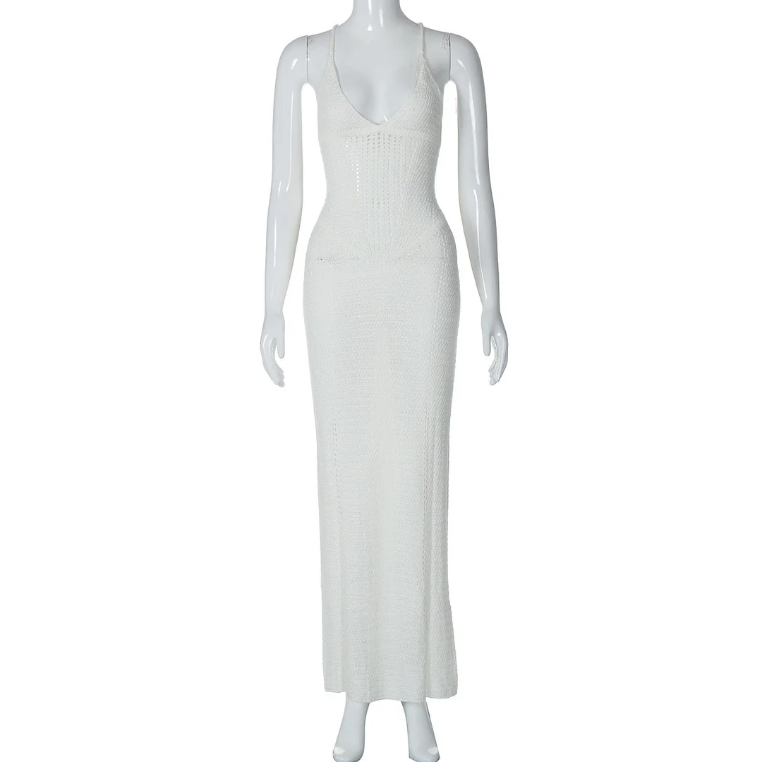 Pongl Pongl 2024 Spring / Summer Women's Temperament Sexy Back Hollow Out Lace Knit Sling Wrapped Hip Dress