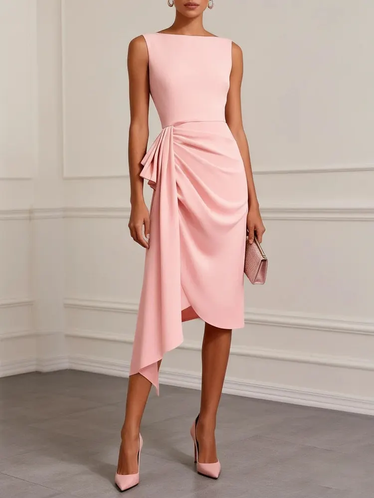 Pink Ruched Boat Neck Sleeveless Bodycon Midi Dress