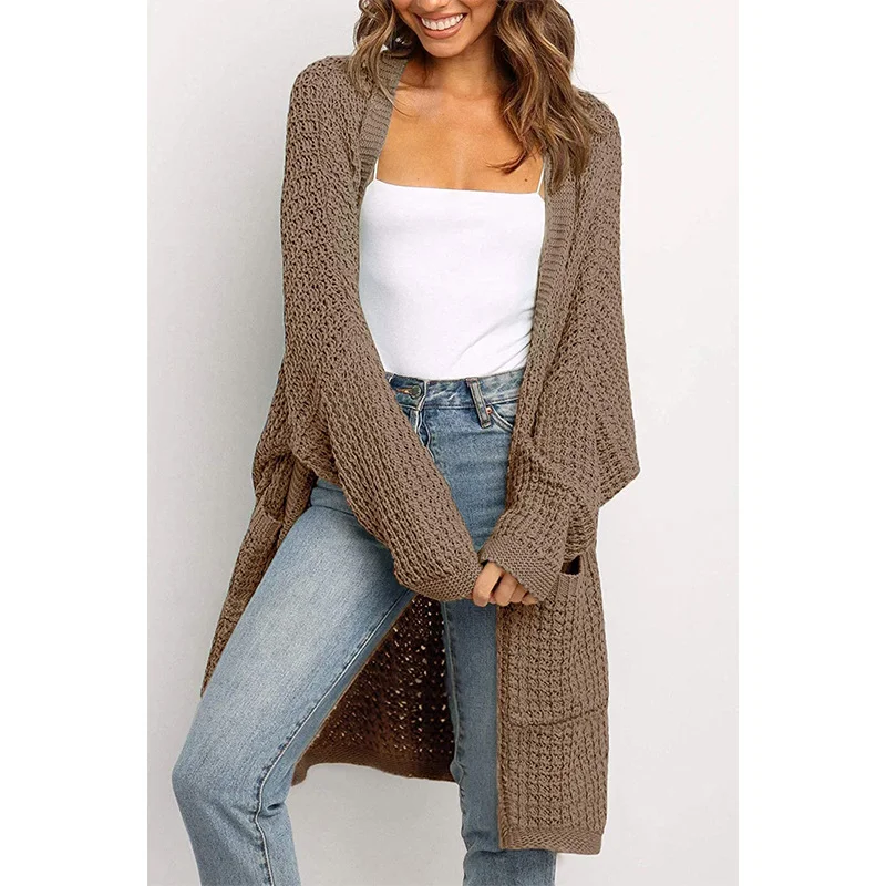 Brownm Brownm And Winter Hot Style Lady Solid Color Long Sleeve Pocket Loose Cardigan Knit Sweater Woman
