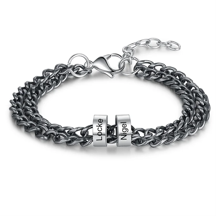 Men Cuban Chain Bracelet with 2 Beads Engraved 2 Names Gifts for Him