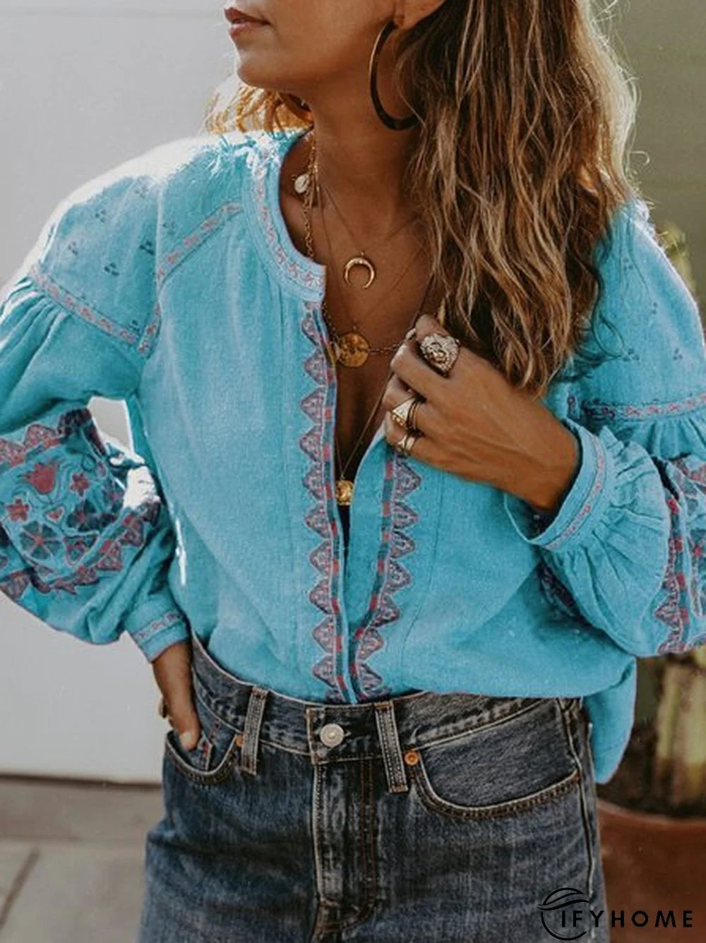 V Neck Long Sleeve Linen Vintage Blouse | IFYHOME