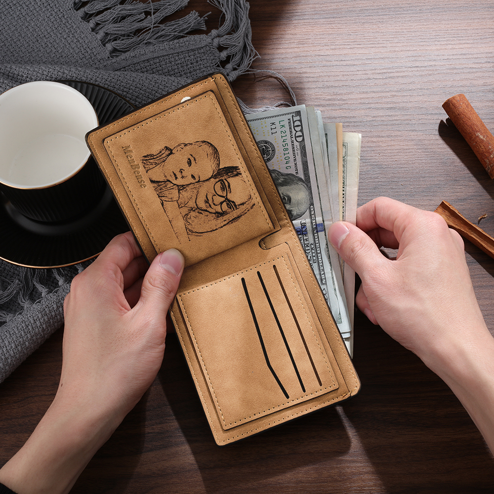 Portafoglio Pelle PU pelle pugno mano regalo per papà personalizzato 2 nomi 1 testo e 1 foto