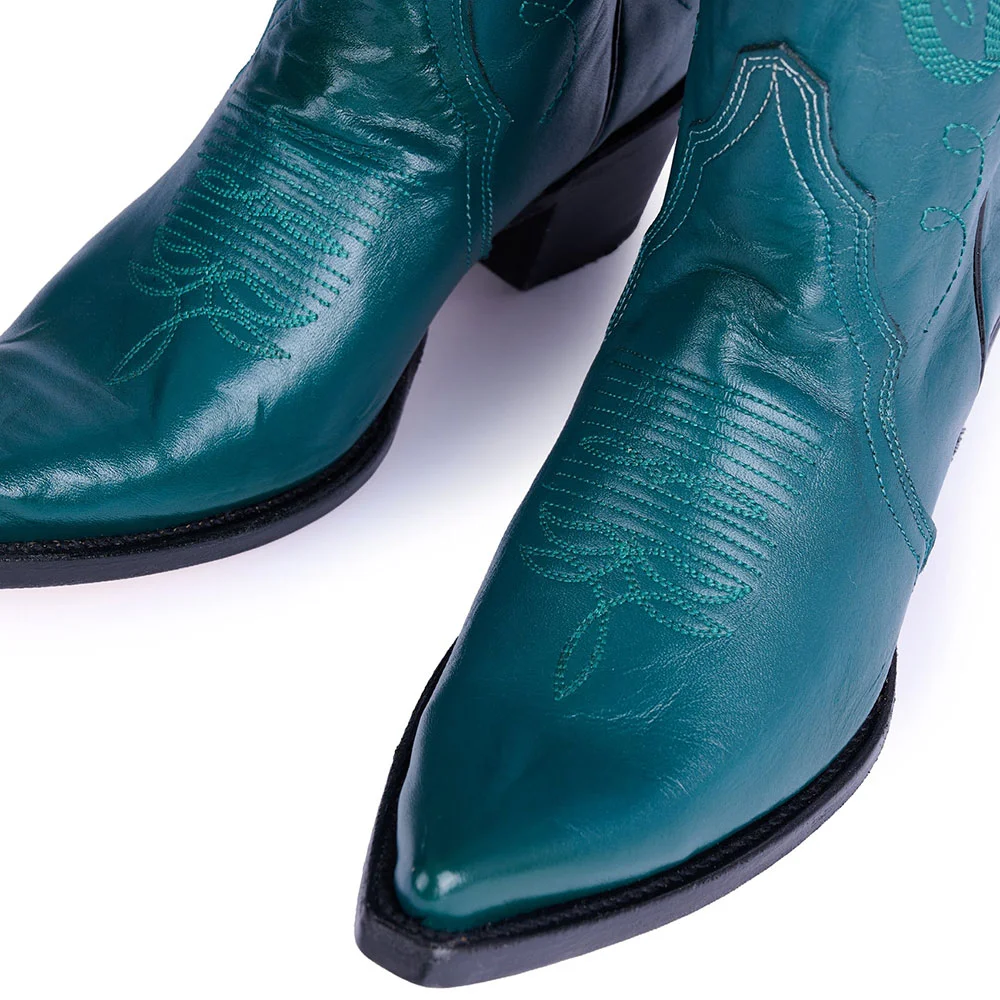 Teal Chunky Heel Pointed Toe Cowgirl Boots with Eagle Embroidery