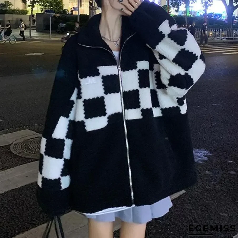 Imitation Lamb Wool Plaid Coat Female | EGEMISS