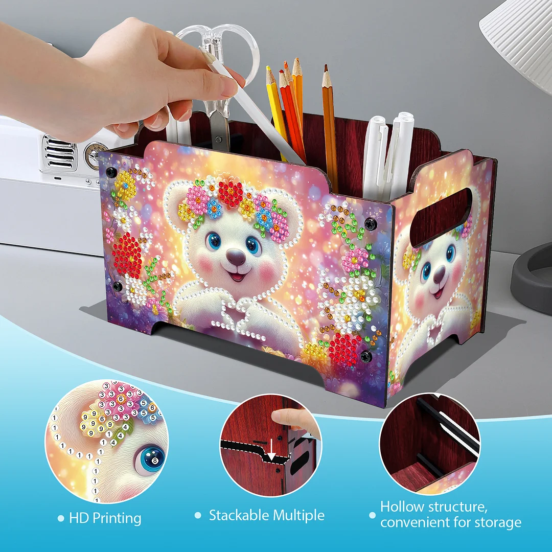 5D DIY Diamond Painting Art Decorative Storage Box Wood Storage Clutch (Bear)