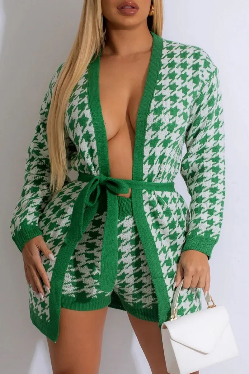 Green Sexy Geometric Cardigan Cardigan Collar Long Sleeve Two Pieces | EGEMISS