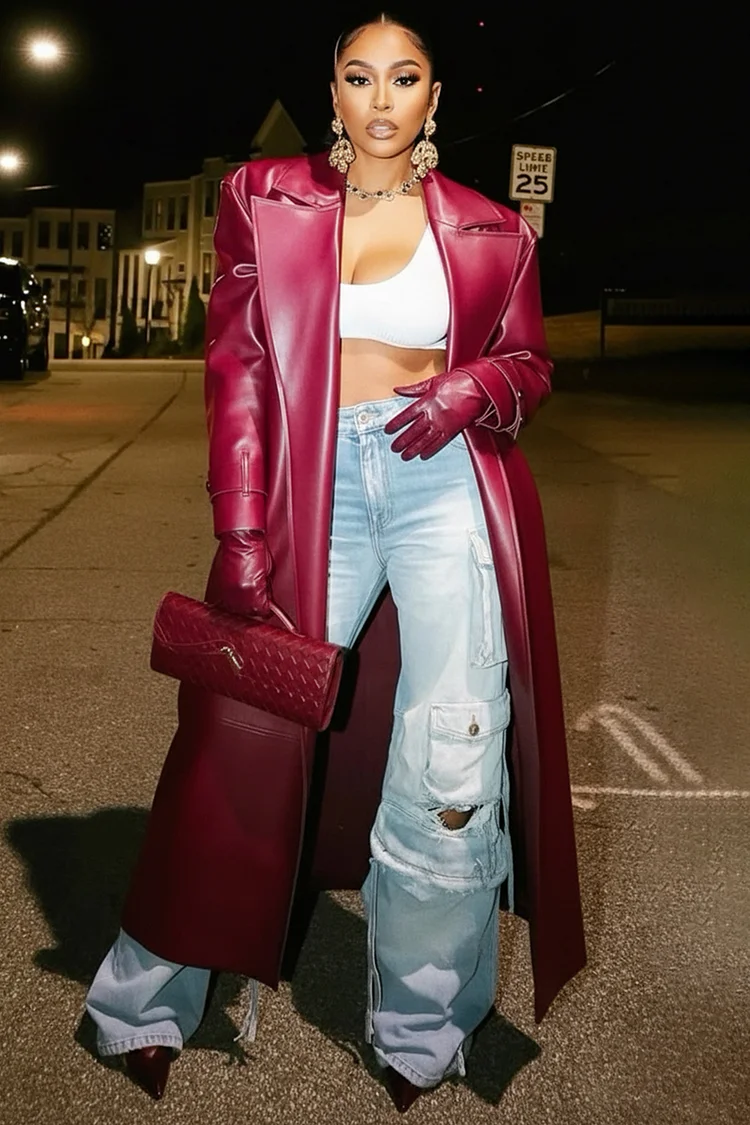 Peak Lapel Collar Front Opened PU Leather Long Coat-Red