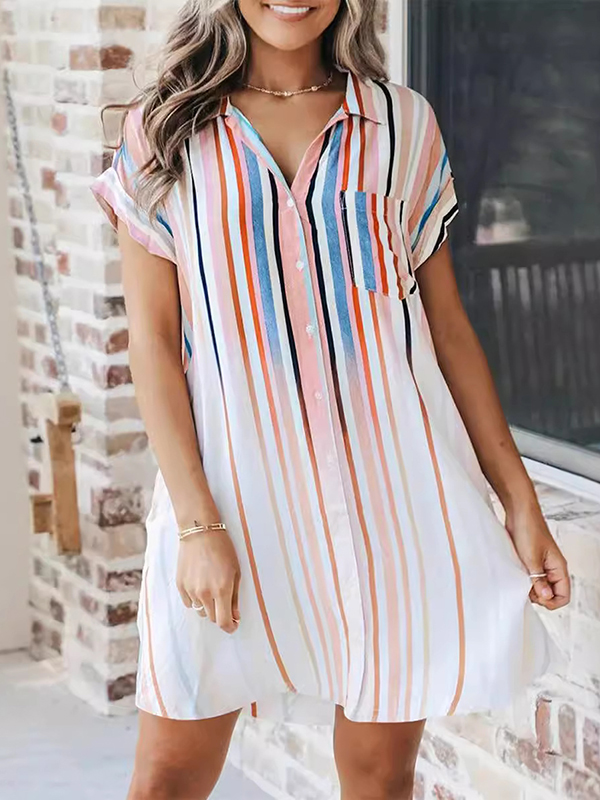 Vertical Stripes Button Down Front Shirt Loose Mini Dress