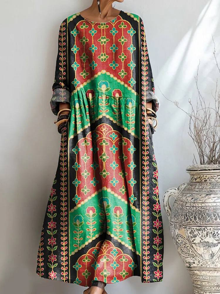 Women's Vintage Ethnic Geometric Totem Art Print Pocket Cotton Dress
