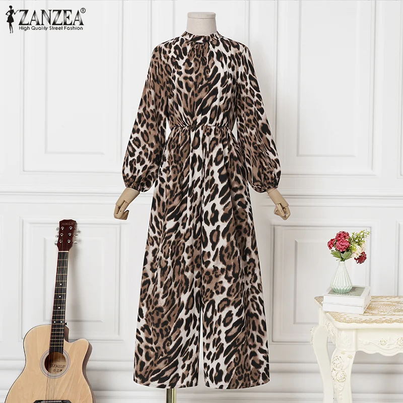 Brownm 2022 Stylish Printed Jumpsuits ZANZEA Women Leopard Party Overalls Playsuits Casual OL Long Sleeve Elastic Waist Loose Romper 7
