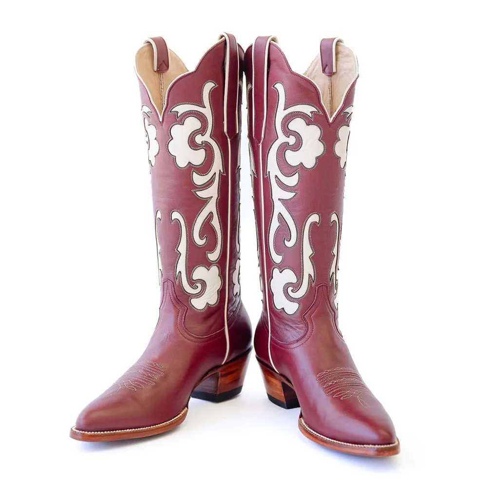 Burgundy Chunky Heel Decorative Inlay Cowboy Boots for Women