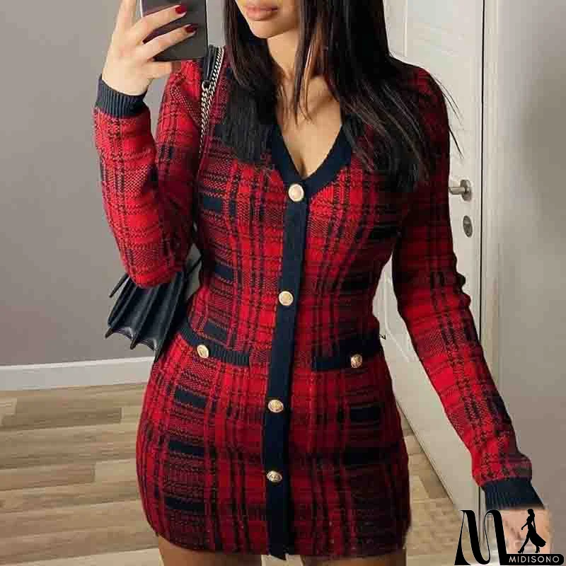 MidiSono - Sweet V-Neck Red Plaid Long-Sleeved Cardigan Tight Dress