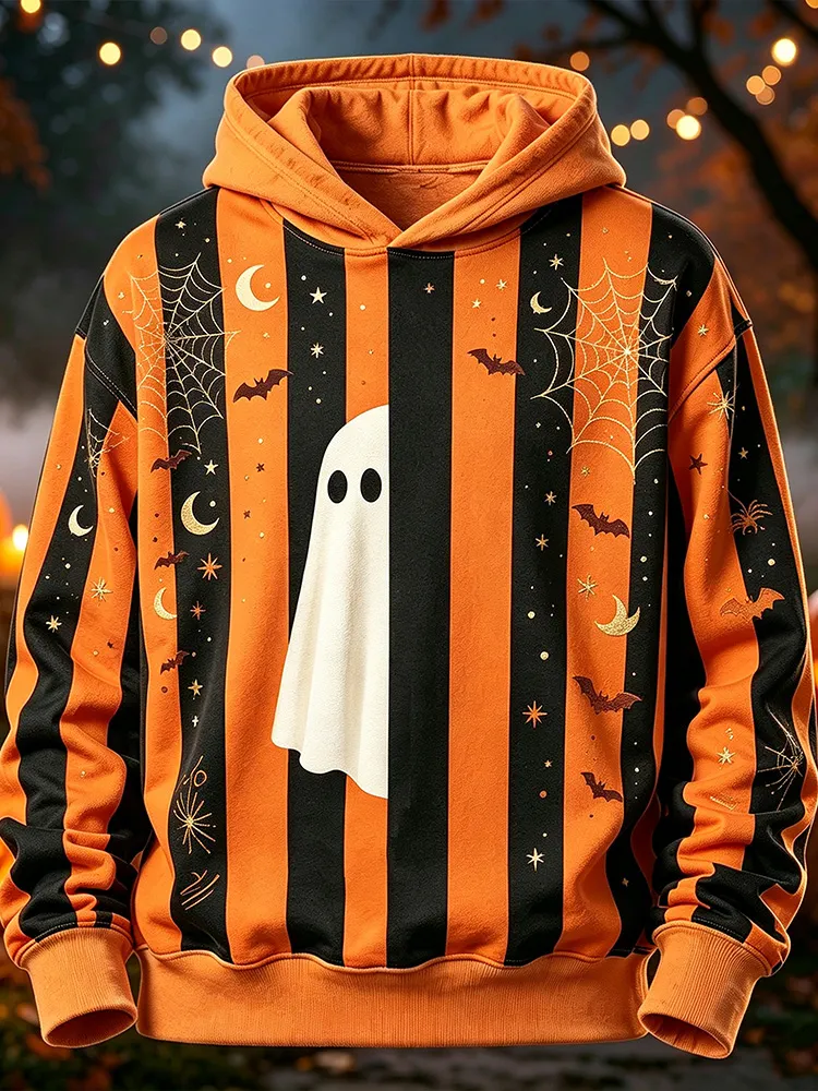 Comstylish Women's Halloween Striped Cute Ghost Moon Bat Spiderweb Print Hoodie