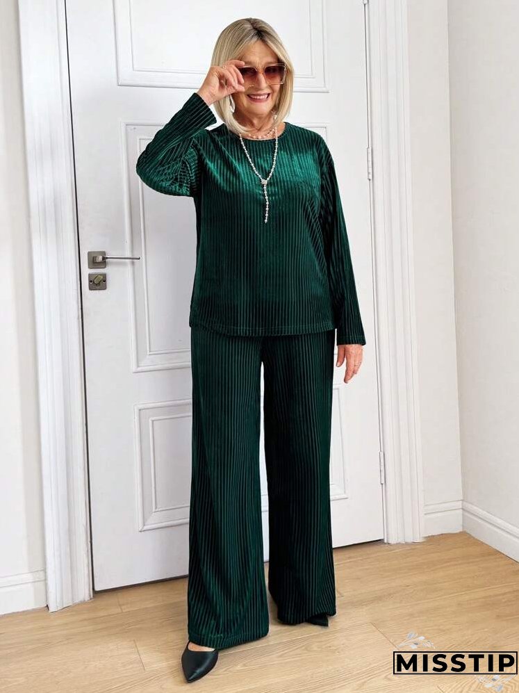 1set Women Velvet Stripe Top & Loose Pants, Olive Green, Suitable For Christmas, Autumn/Winter