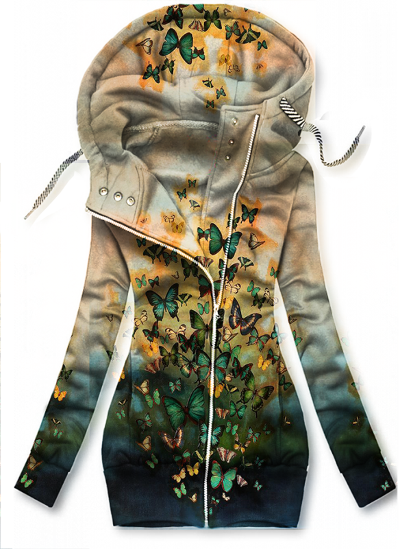Casual Butterfly Print Hooded Zip Jacket