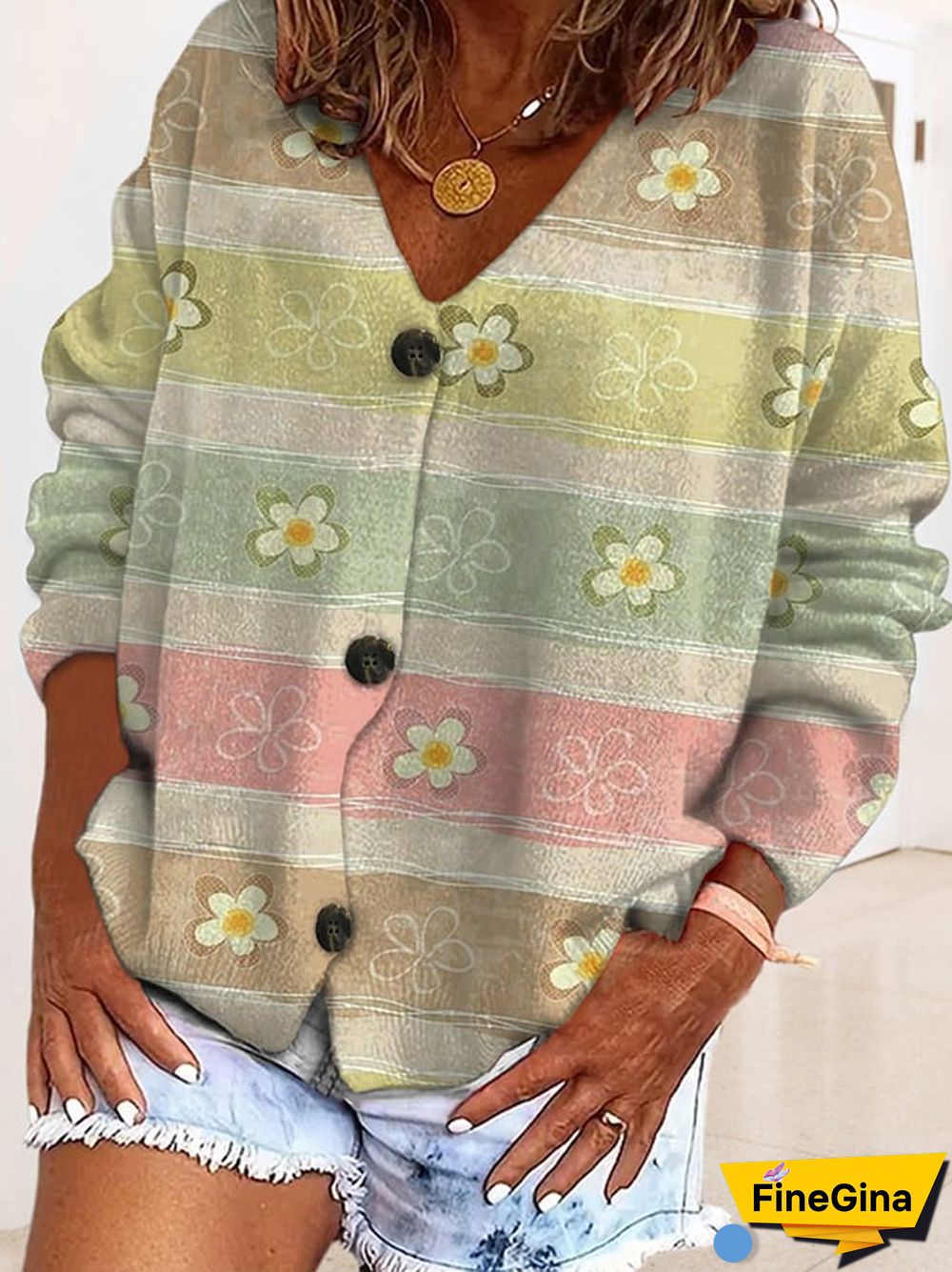 Fashionable Printed Casual Loose Buttoned Flannel Cardigan