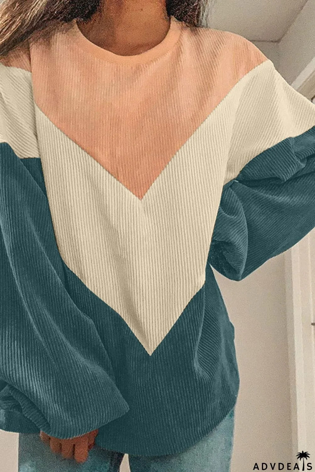 Colorblock Balloon Sleeve Corduroy Sweatshirt