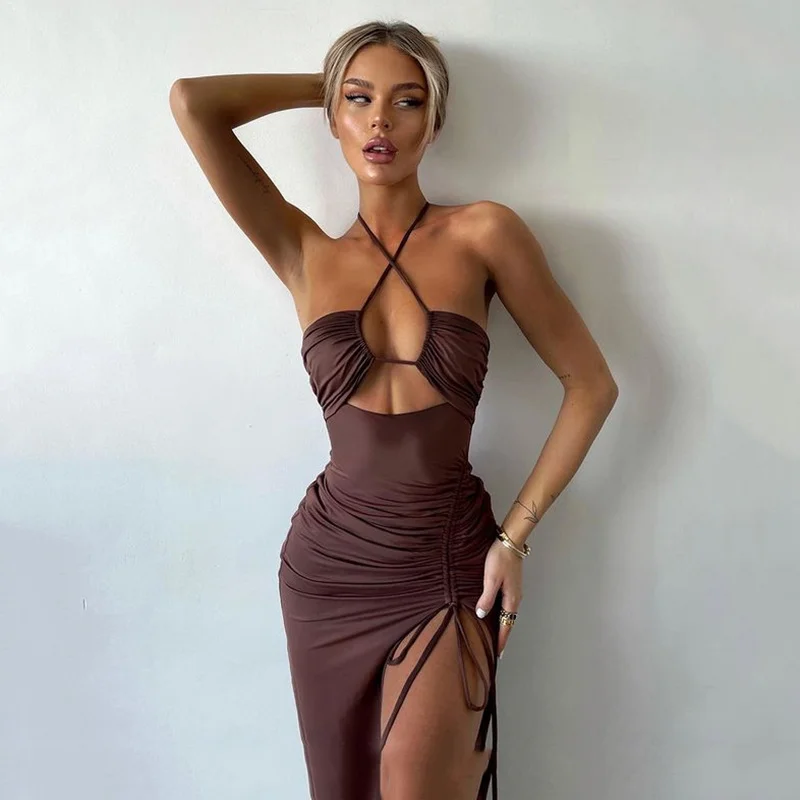 Uveng Uveng Sexy Hot Girl High Slit Wrinkle Hang Neck Type Temperament Show Chest Dress