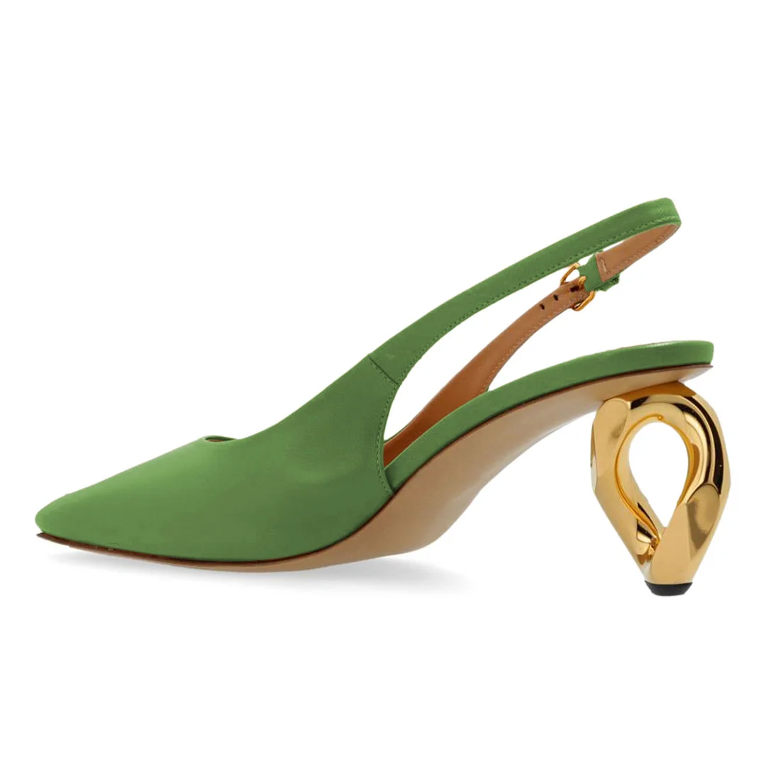 YDN Simple Green Square Toe Sculptural Heel Slingback Pumps