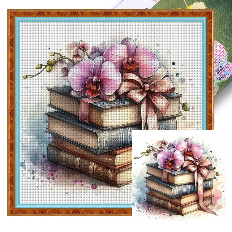 Flowers And Books Pile (40*40cm) 11CT Stamped Cross Stitch gbfke