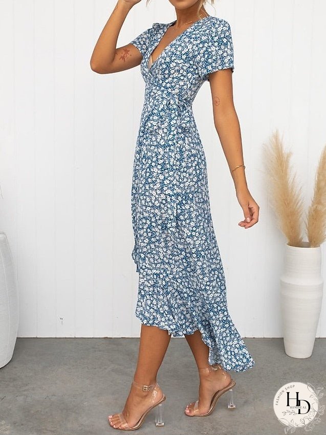 Casual Dress Wrap Dress Floral Dress Ditsy Floral Lace up Split V Neck Midi Dress Active Fashion Daily Holiday Short Sleeve Regular Fit Red Blue Summer Spring S M L XL for Women