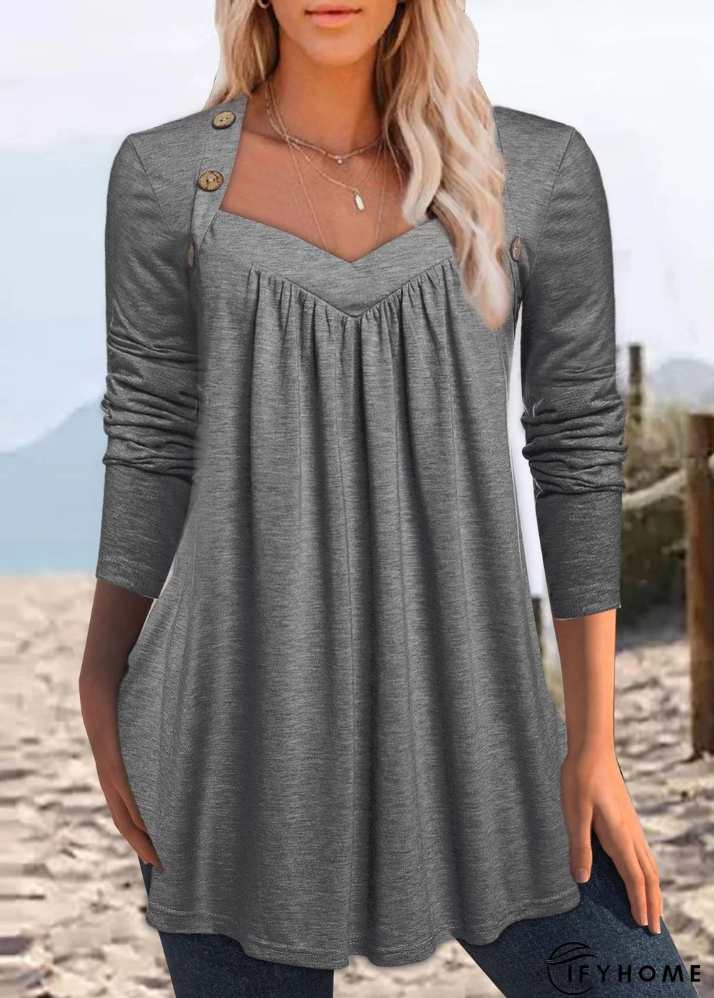 Casual Plain Square Neck Buttoned Pullover Top | IFYHOME