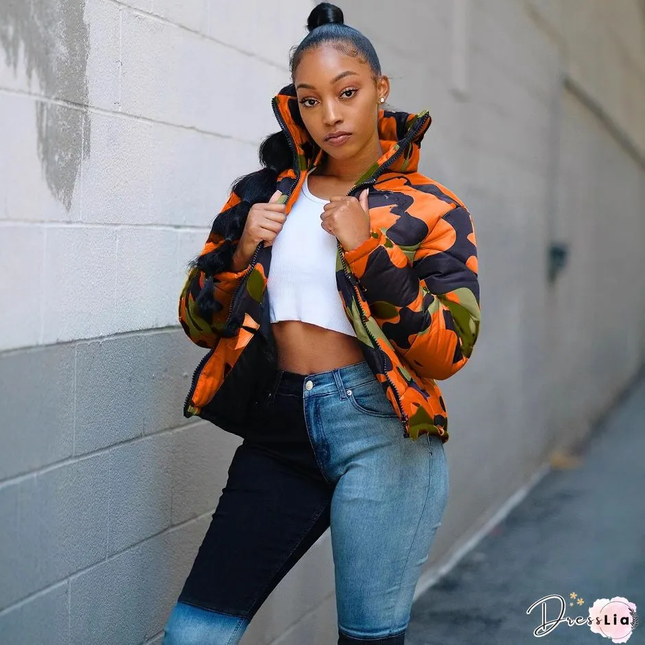 Stand Collar Zipper Orange Camo Cotton Padded Coat