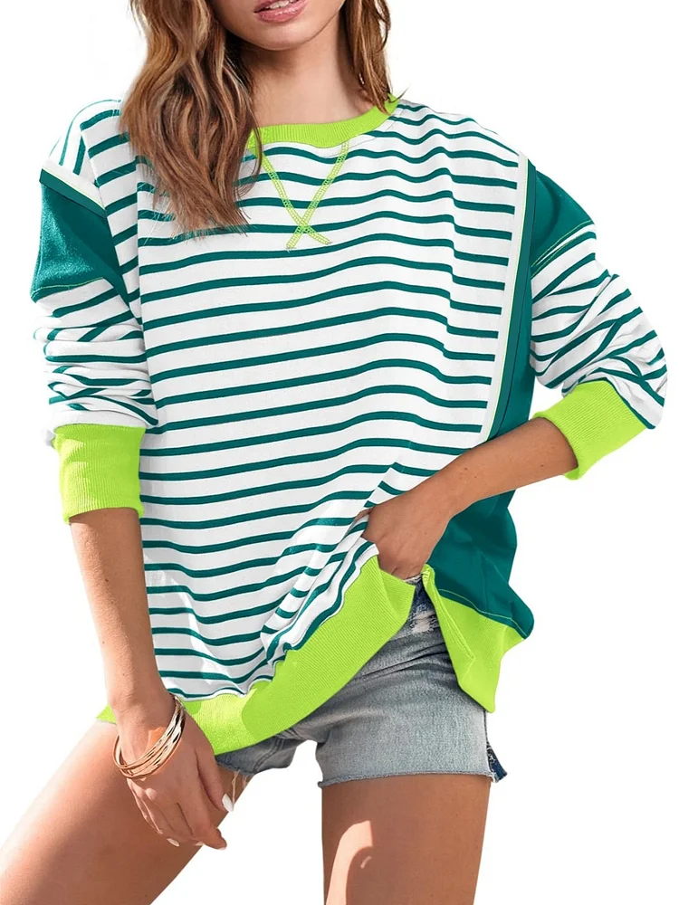 Women's INS Striped Colr Block Casual T-Shirts Long Sleeve Tee