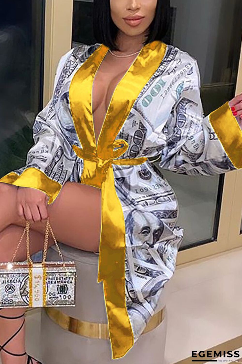 Yellow Fashion Casual V Neck Long Sleeve Regular Sleeve Print Coats | EGEMISS