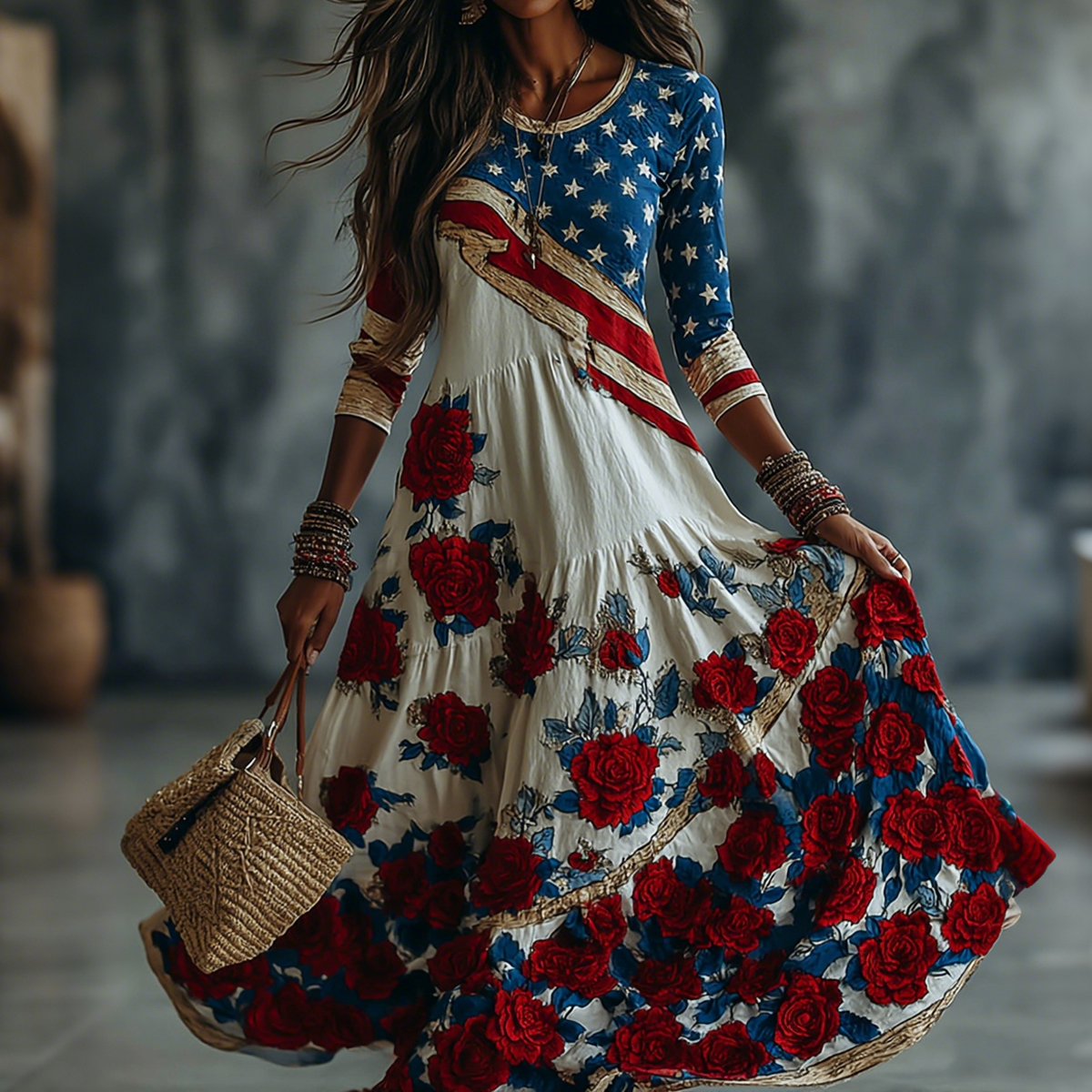  Women's Vintage Floral Flag Patchwork Art Print Dress Westsshops
