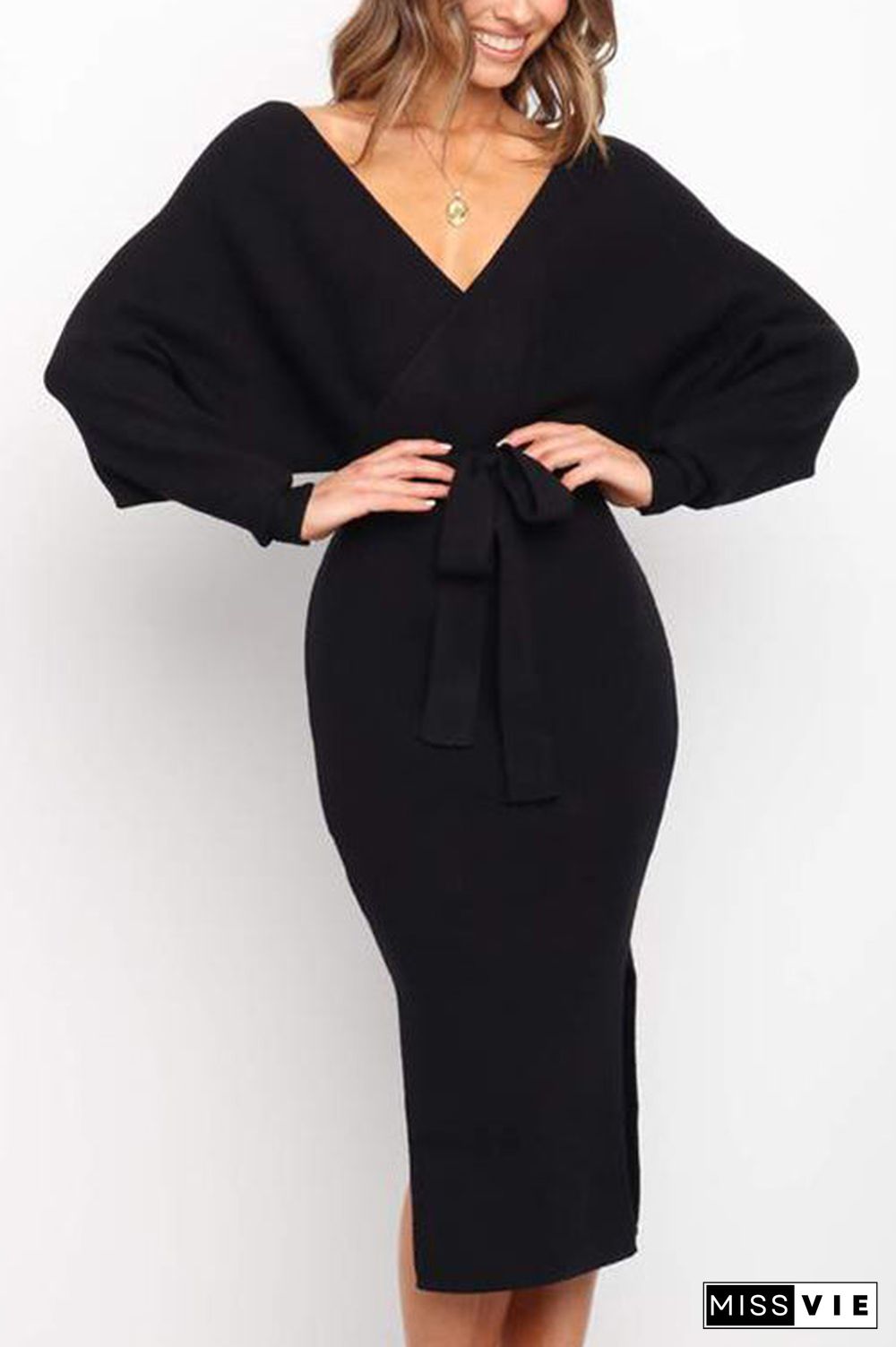 Surplice Wrap Side Slit Sweater Dress