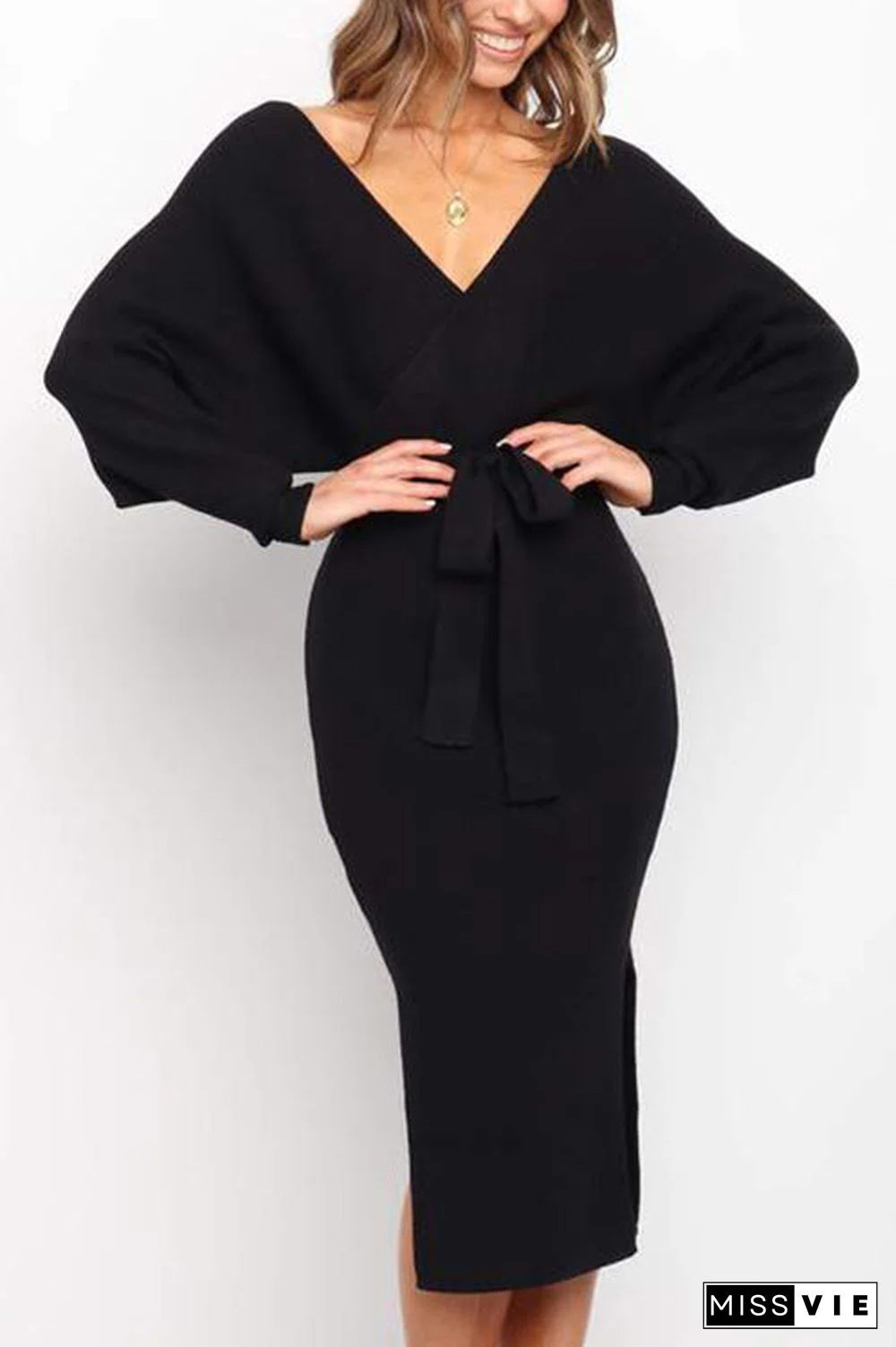 Surplice Wrap Side Slit Sweater Dress