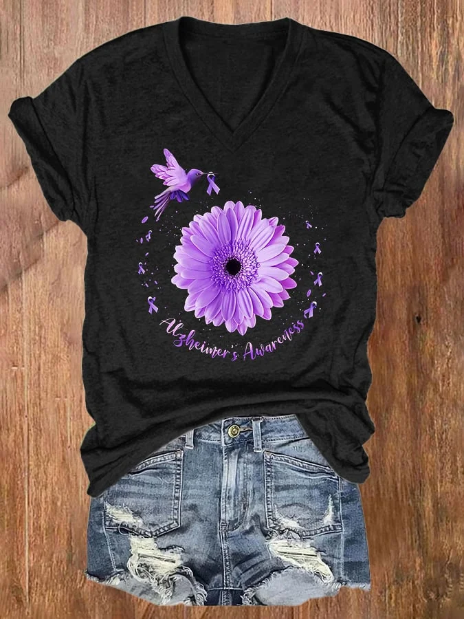V-neck Alzheimer's Awareness Purple Ribbon Hummingbird Print T-Shirt socialshop