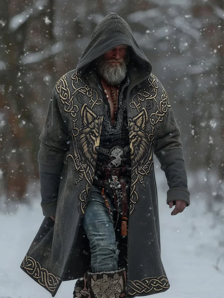 Men's Wolf Totem Dark Vintage Celtic Knot Printed Hooded Jacket