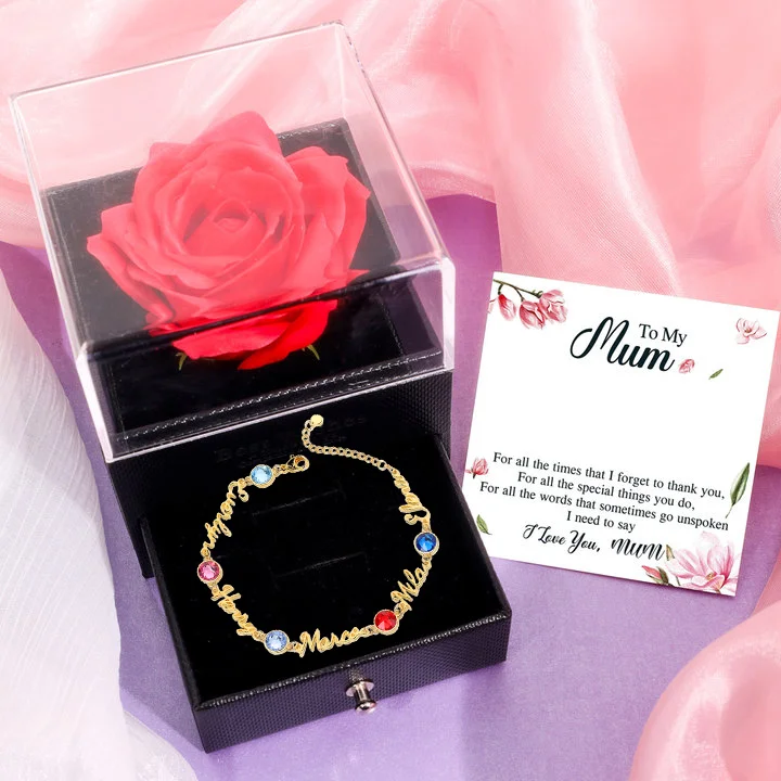 Personalized Bracelet With Birthstone Set With Rose Gift Box Custom 5 Names Bracelet Gift For Women