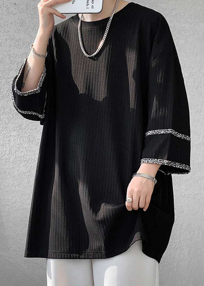 VCSHOES Black O Neck Patchwork Cotton T Shirt Tops Bracelet Sleeve