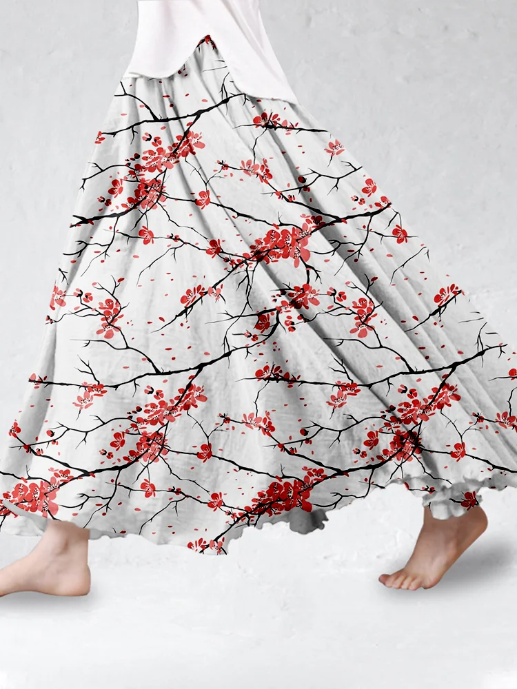 Japanese Cherry Blossoms Art Linen Blend Flowy Wide Skirt