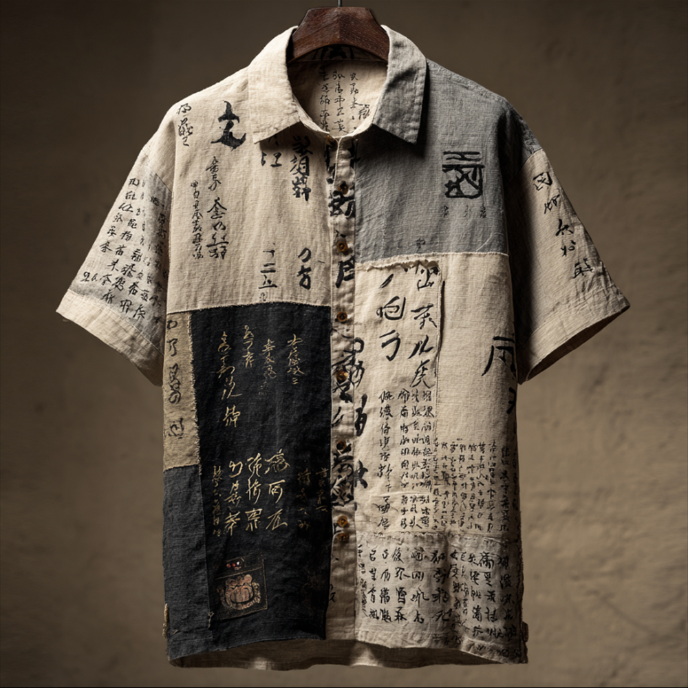 Vintage Japanese Calligraphy Art Patchwork Embroidered Washed Shirt elevenforest