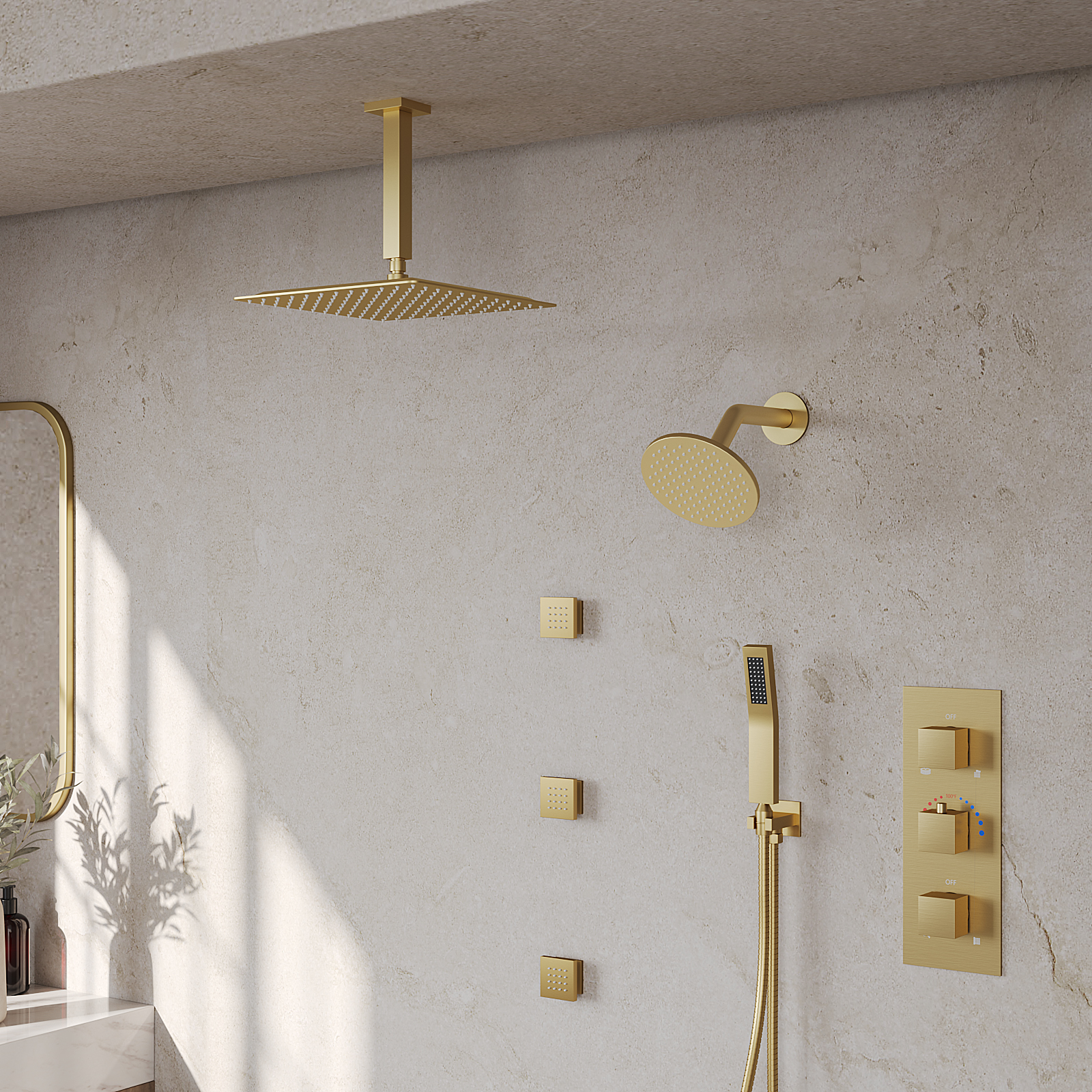 Multi-Function Shower System with 360&deg; Swivel Wall Mounted Head and Extra Long Hose Handheld Spray Body Jets, Brushed Gold