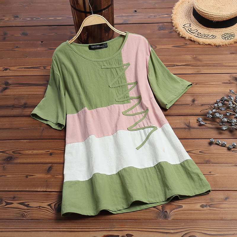 Casual Blouse Summer Women Short Sleeve Tunic Tops Patchwork Shirt