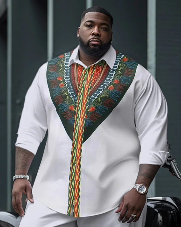 Men's Plus Size Ethnic Colorblock Pattern Long Sleeve Shirt Two-Piece Set