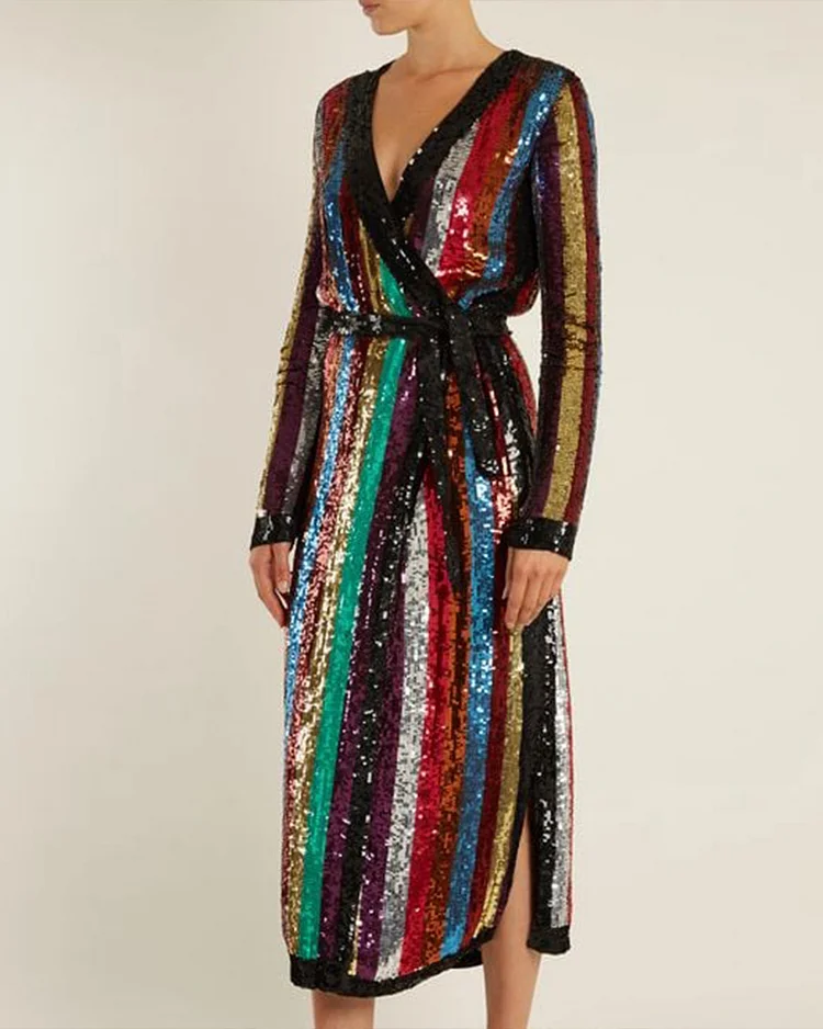 Striped Sequined Georgette Wrap Dress