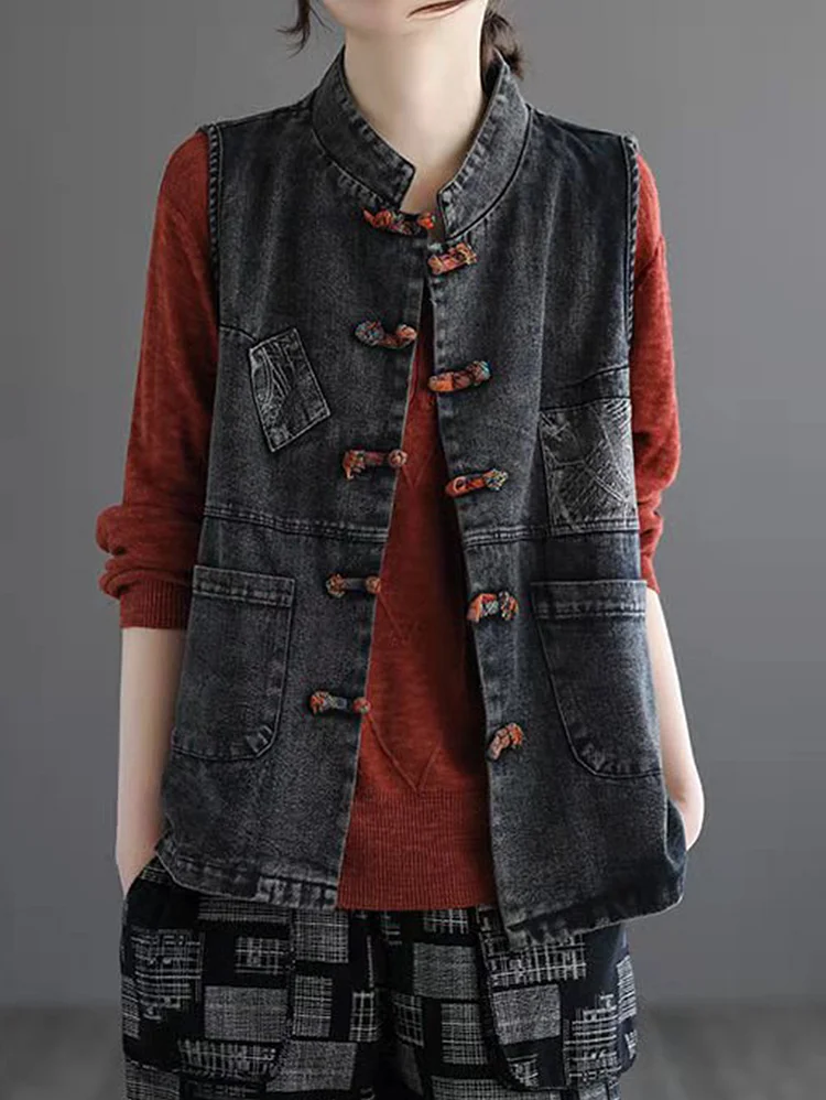 Casual Washed Denim Buckle Pocket Sleeveless Jacket