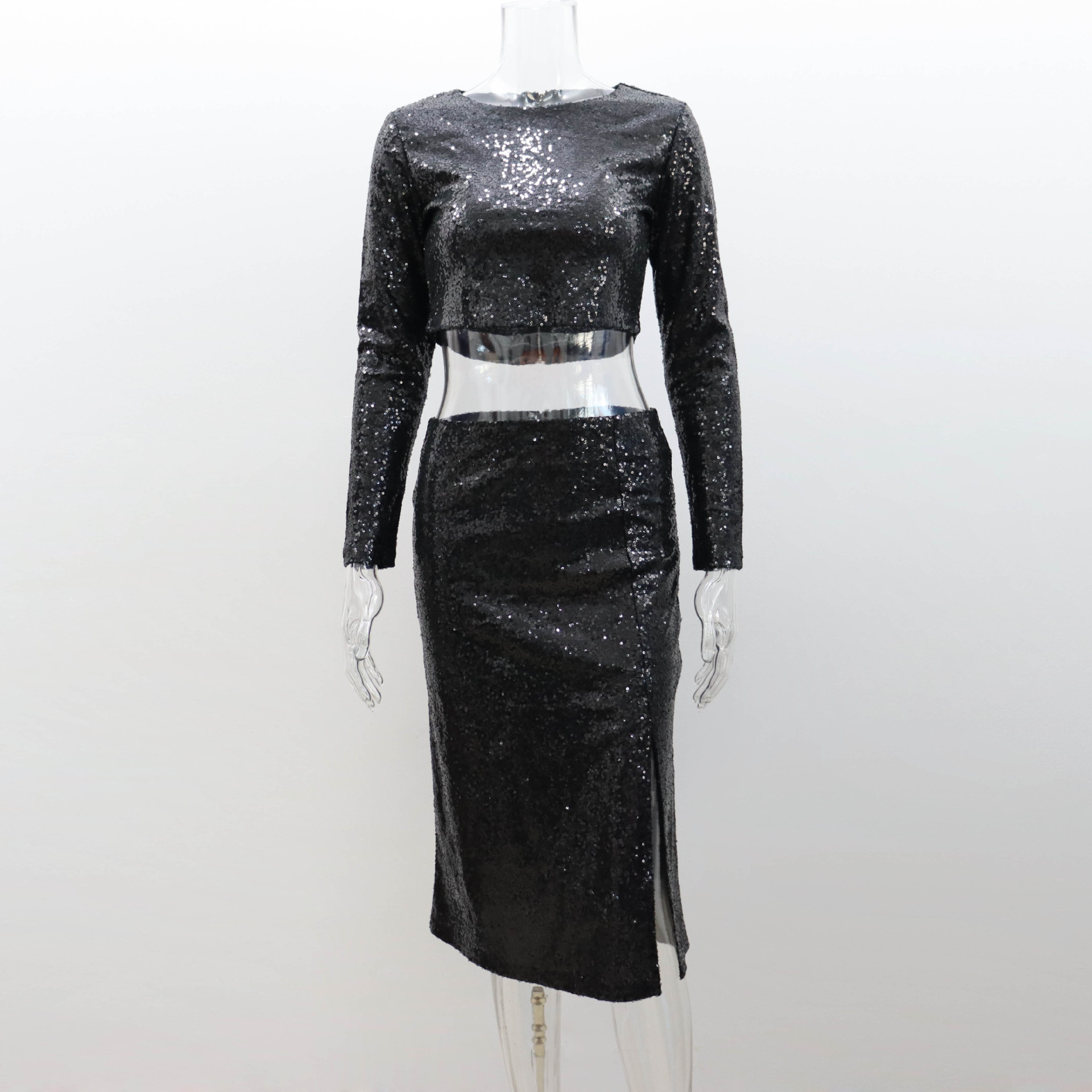 Ootddress Night Club 2 Piece-Set Maxi Skirt Female Sequin Cropped Top And High Waist Split Long Skirt Sets Glitter Fashion Outfits