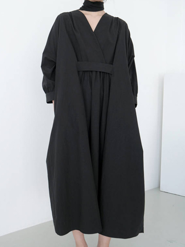 Loose Long Sleeve V-neck Midi Dress