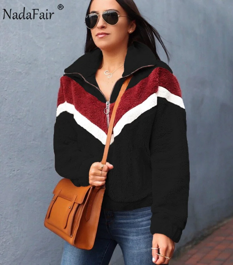 Christmas Gift Nadafair Casual Fleece Sweatshirt Women 2019 Patchwork Zip Faux Fur Oversized Winter Fluffy Hoodie Female Plus Size Pullovers