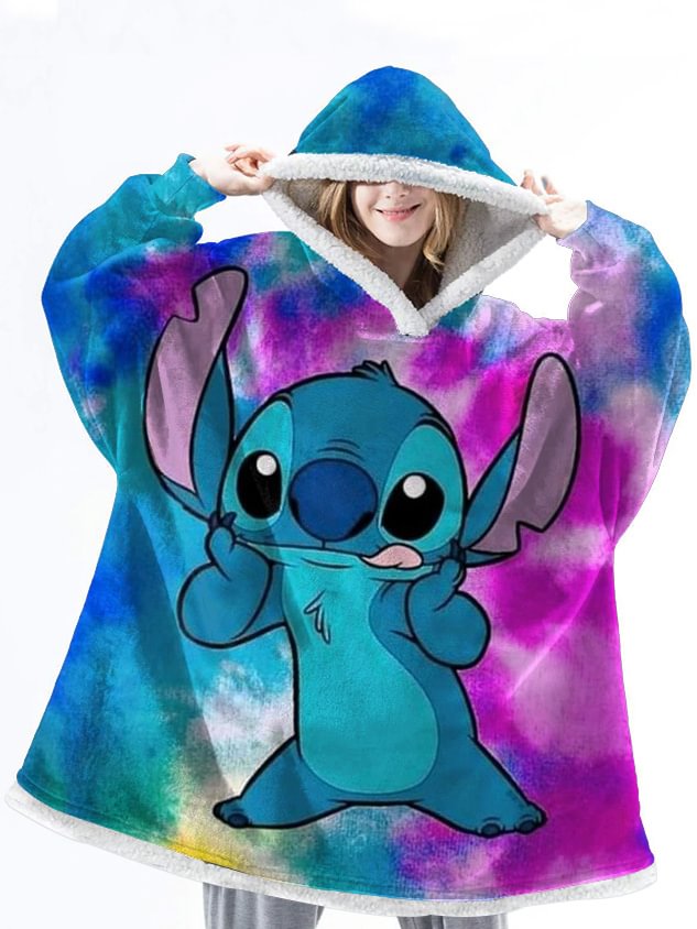 Disney Lilo and Stitch Coral Fleece Fabric Blanket with Hooded Cartoon  Cosplay Cloak Cape Warm Wearable Throw Blanket for Sofa